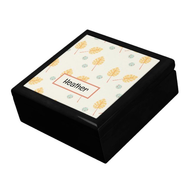 Custom name orange tropical leaves cream gift box (Side)