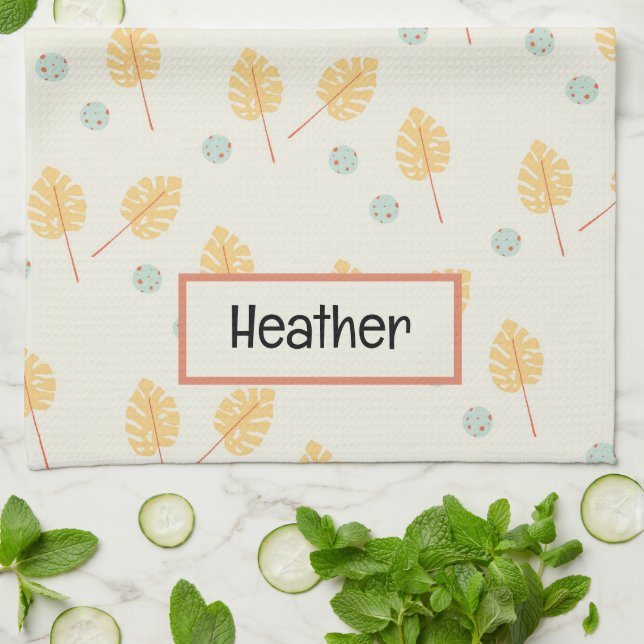Custom name orange tropical leaves cream kitchen towel (Folded)