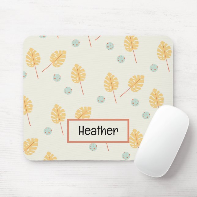Custom name orange tropical leaves cream mouse pad (With Mouse)