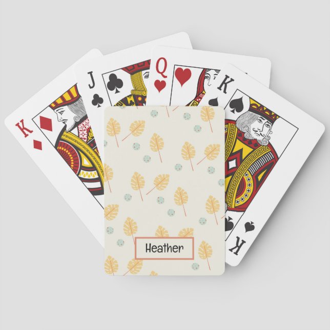 Custom name orange tropical leaves cream poker cards (Back)