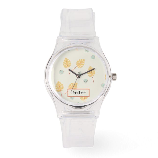 Custom name orange tropical leaves cream watch (Front)