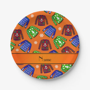 Custom name orange ugly christmas sweater pattern paper plates