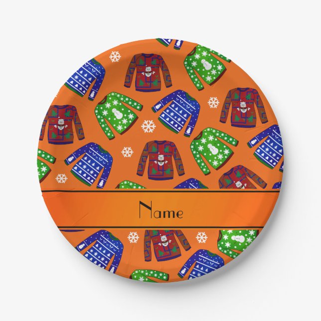 Custom name orange ugly christmas sweater pattern paper plates (Front)