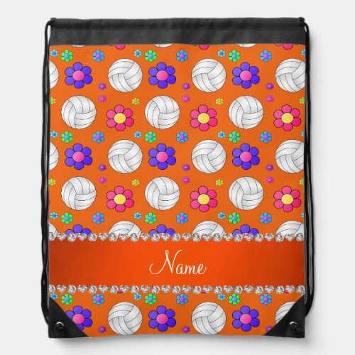 Custom name orange volleyball rainbow flowers drawstring bag