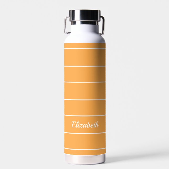 Custom Name Orange White Striped Modern Pattern Water Bottle (Front)
