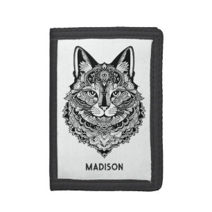 Custom Name Ornamental Cat Tri-fold Wallet
