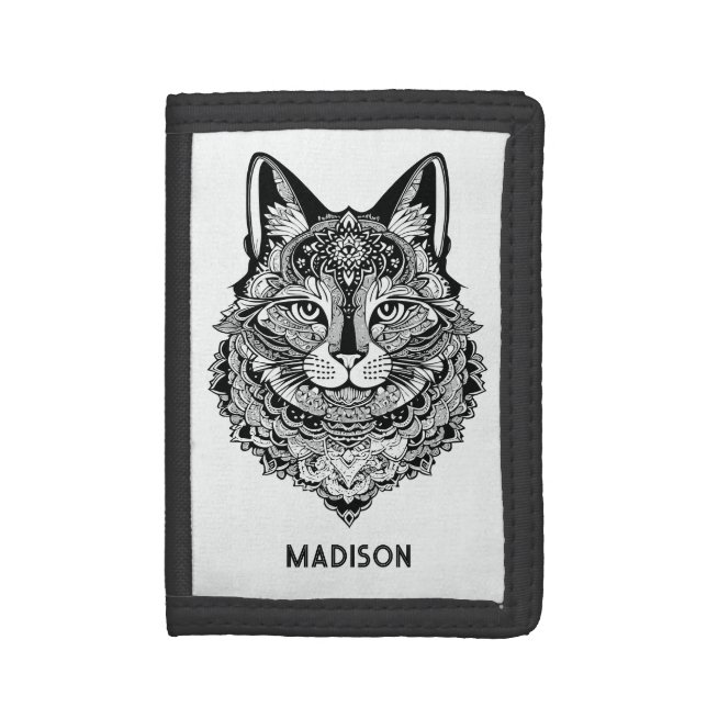 Custom Name Ornamental Cat Tri-fold Wallet (Front Vertical)