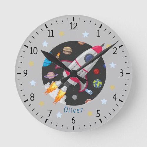 Custom name Outer space rocket kids Round Clock
