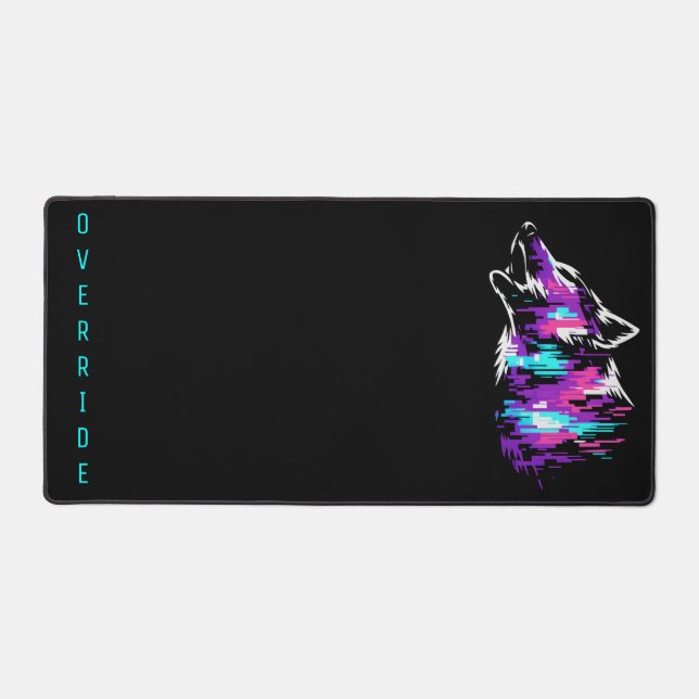 Custom Name Override Glitch Wolf Gaming Desk Mat (Front)