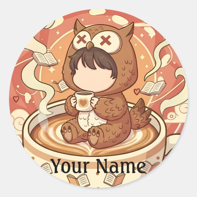 Custom Name Owl Coffee Sticker for Book Lovers (Front)
