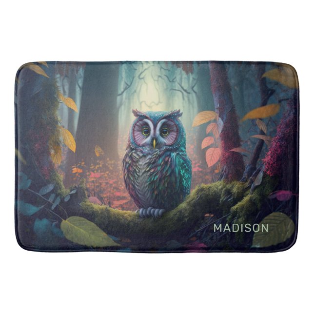 Custom Name Owl Forest Bath Mat (Front)