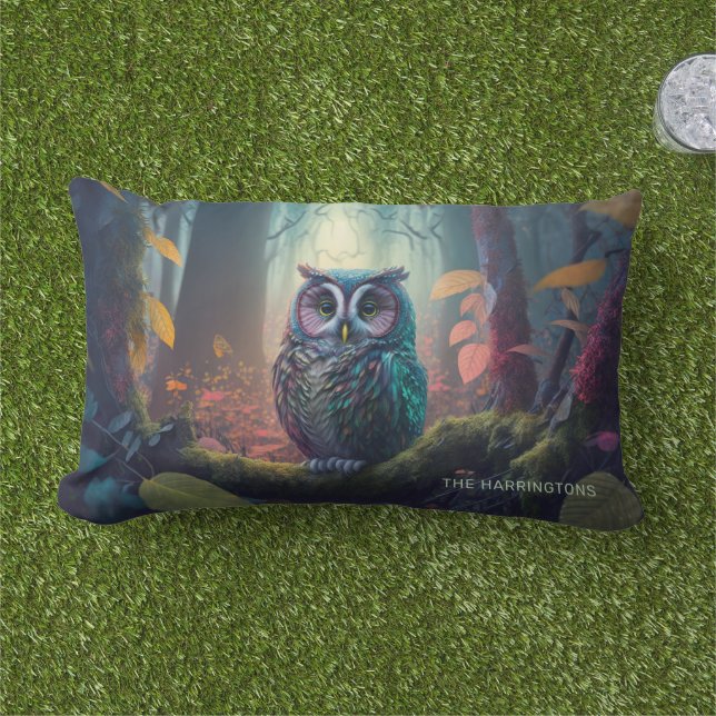 Custom Name Owl Forest Lumbar Pillow (Grass)