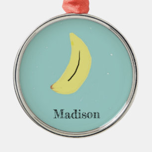 Custom name painted banana on blue metal ornament