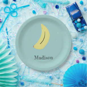 Custom name painted banana on blue paper plates