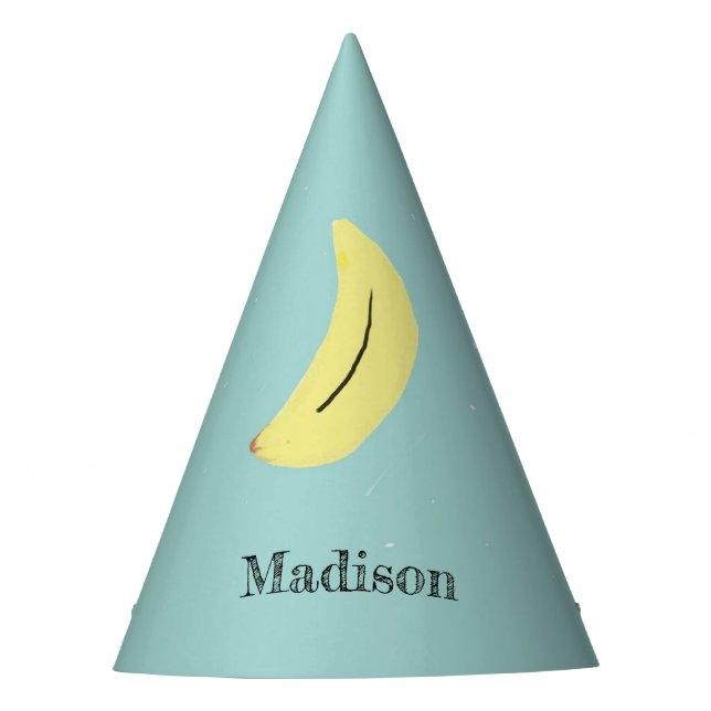 Custom name painted banana on blue party hat (Front)