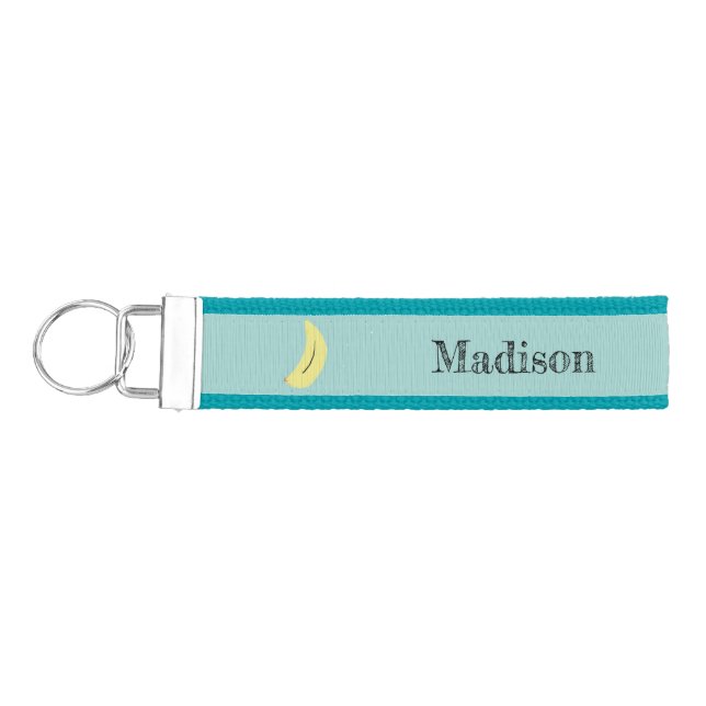 Custom name painted banana on blue wrist keychain (Keys on Left)