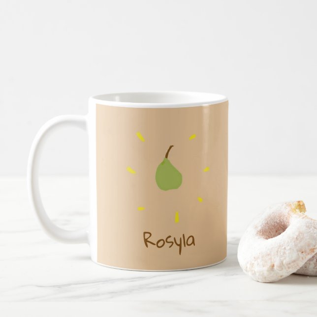 Custom name painted pear on brown coffee mug (With Donut)