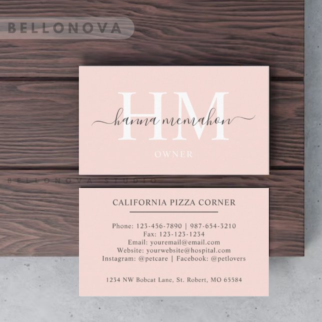 Custom Name Pale Peach Pink White Black Monogram Business Card (Custom Name Pale Peach Pink White Black Monogram Business Card)