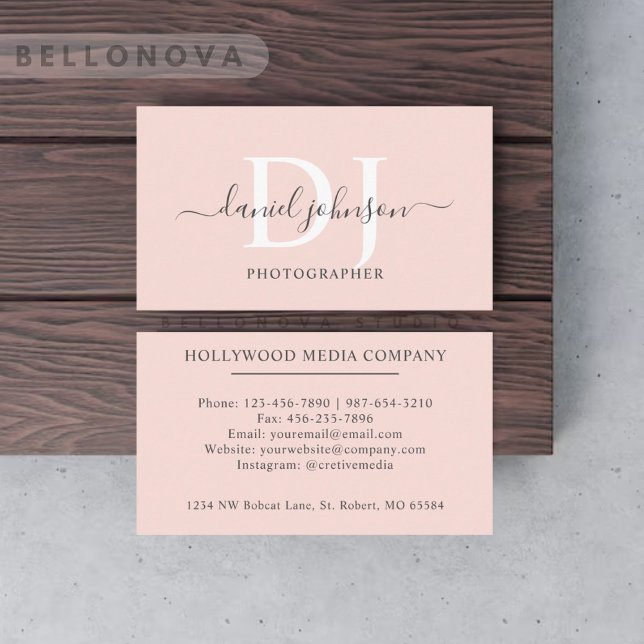 Custom Name Pale Peach Pink White Black Monogram Business Card (Custom Name Pale Peach Pink White Black Monogram Business Card)