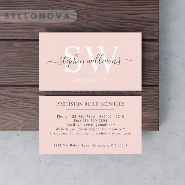 Custom Name Pale Peach Pink White Black Monogram Business Card (Custom Name Pale Peach Pink White Black Monogram Business Card)