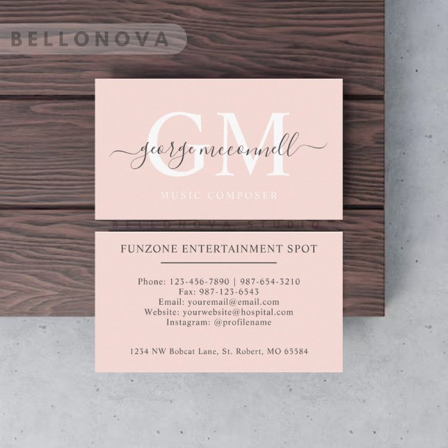 Custom Name Pale Peach Pink White Black Monogram Business Card (Custom Name Pale Peach Pink White Black Monogram Business Card)