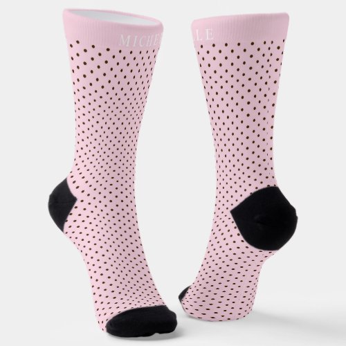 Custom Name Pale Pink Soft Rose Brown Polka Dot Socks