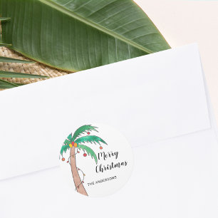Custom Name Palm Tree Merry Christmas Classic Round Sticker