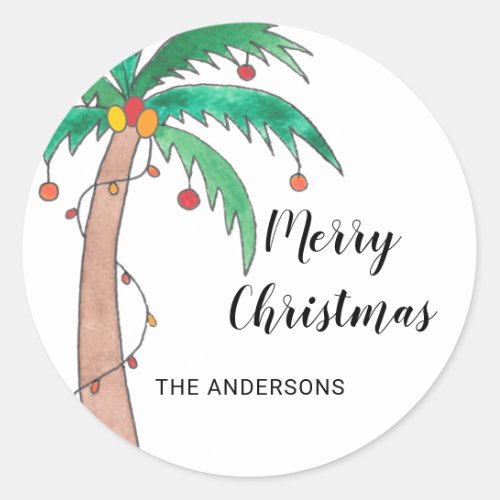 Custom Name Palm Tree Merry Christmas Classic Round Sticker