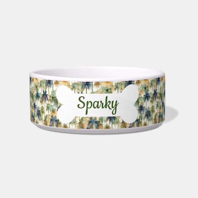 Custom Name Palm Trees Pattern Pet Dog Bowl (Front)