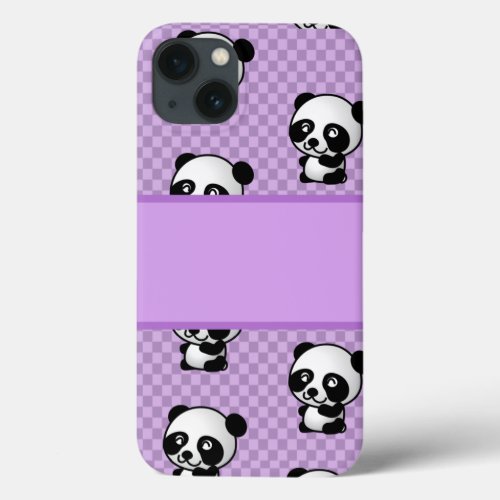 Custom Name Panda Bears on Purple Gingham iPod Tou iPhone 13 Case