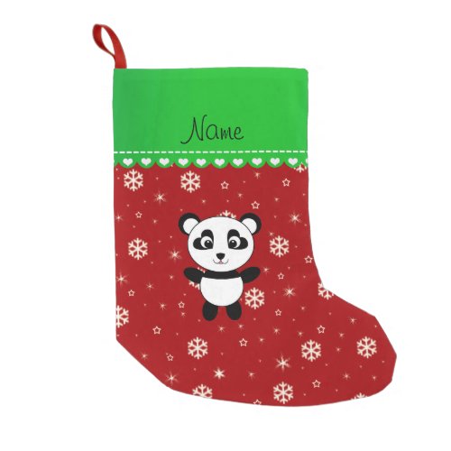 Custom name panda red snowflakes green stripe small christmas stocking