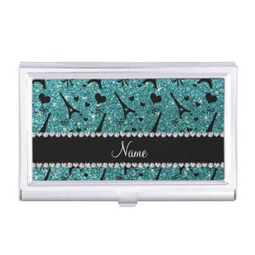 Custom name paris eiffel tower turquoise glitter business card holder