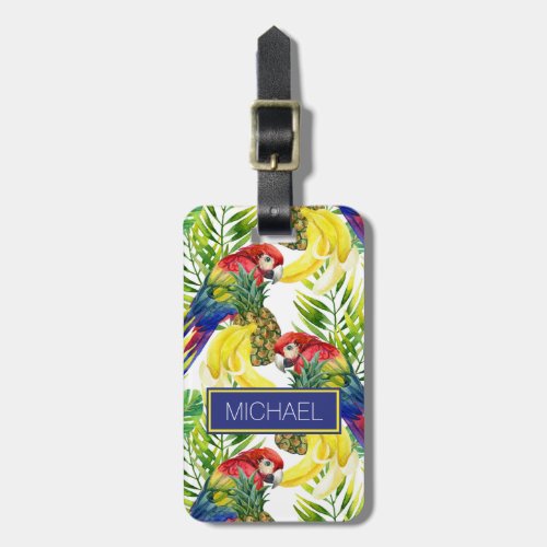 Custom Name Parrots And Tropical Fruit Luggage Tag