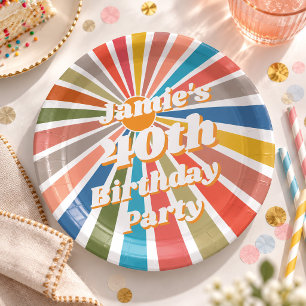 Custom Name Party Table Decor Fun Retro Rainbow Paper Plates