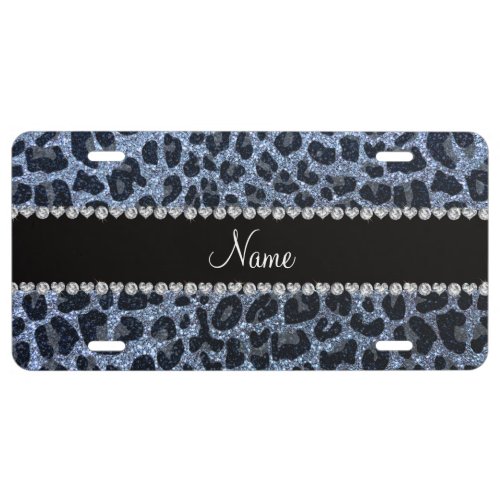 Custom name pastel blue glitter leopard print license plate