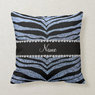 Custom name pastel blue glitter tiger stripes throw pillow