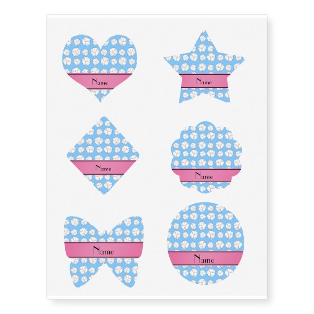 Custom name pastel blue volleyball pink stripe temporary tattoos (Front)