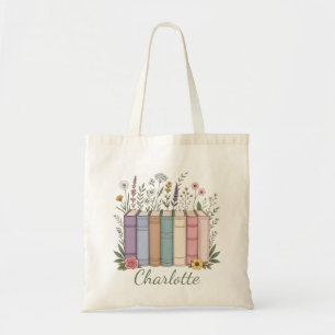 Custom Name Pastel Book Spines Wildflower Art Tote Bag