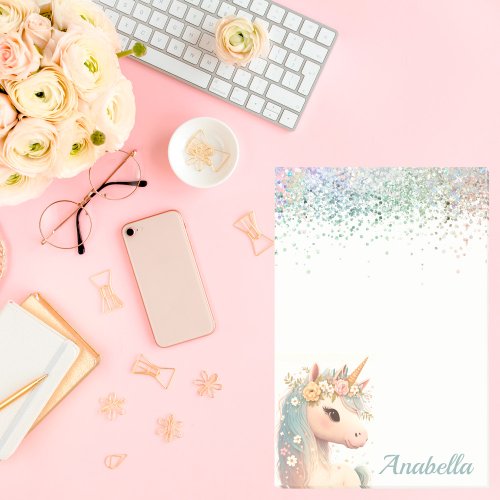 Custom Name Pastel Glitter Floral Baby Unicorn  Post_it Notes