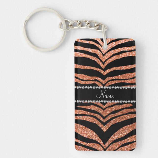 Custom name pastel orange glitter tiger stripes keychain (Front)