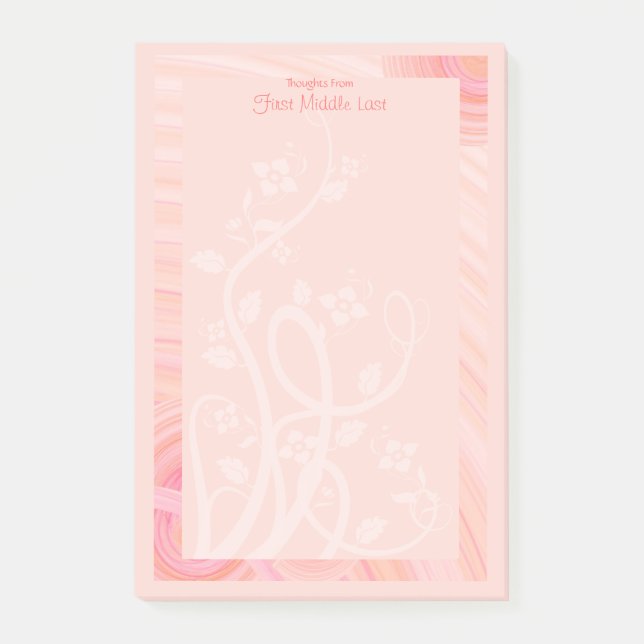 Custom Name Pastel Peach Pink White Spiral Vine Post-it Notes (Front)