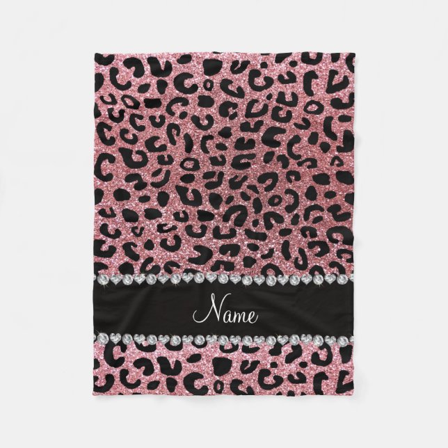 Custom name pastel pink glitter cheetah print fleece blanket (Front)