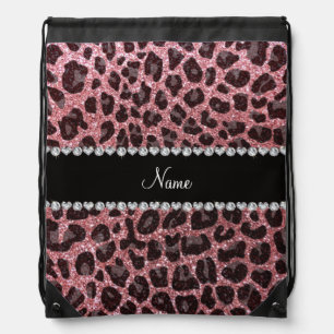 Custom name pastel pink glitter leopard print drawstring bag