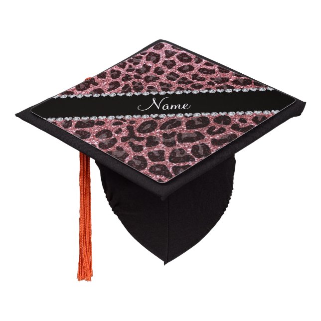 Custom name pastel pink glitter leopard print graduation cap topper (Angled)