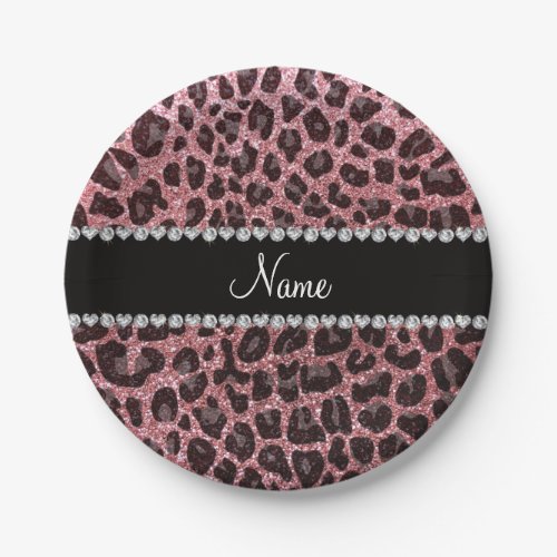 Custom name pastel pink glitter leopard print paper plates