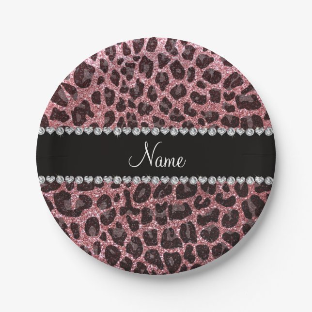 Custom name pastel pink glitter leopard print paper plates (Front)