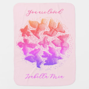 Custom Name Pastel Pink Purple Butterflies Birds Baby Blanket