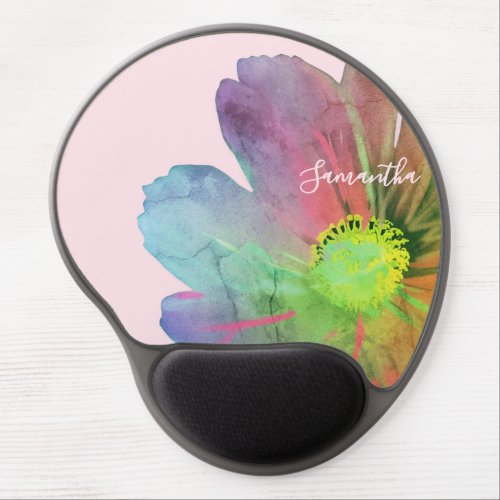 Custom Name Pastel Pink Watercolor Floral Colorful Gel Mouse Pad
