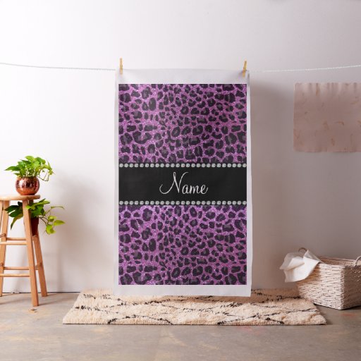 Custom name pastel purple glitter leopard print fabric