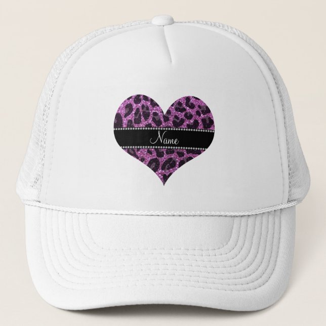 Custom name pastel purple glitter leopard print trucker hat (Front)
